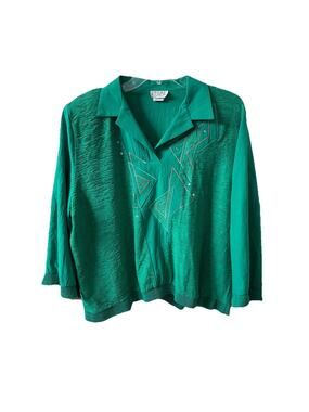 Vintage Regal Green Textured Blouse Rhinestone Geometric Embroidery USA XL
